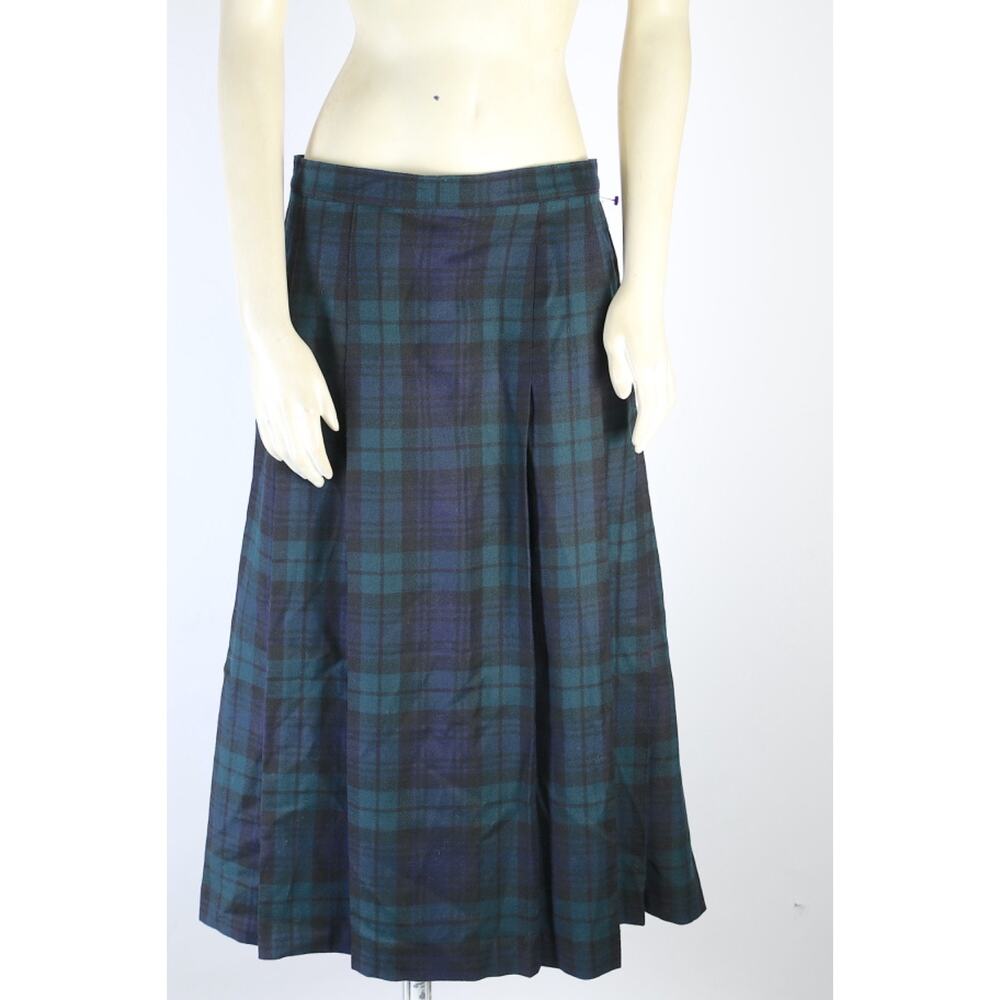 Vintage Giorgio Sant' Angelo Plaid Midi Skirt Blue Green Tartan Pleated Wool 14